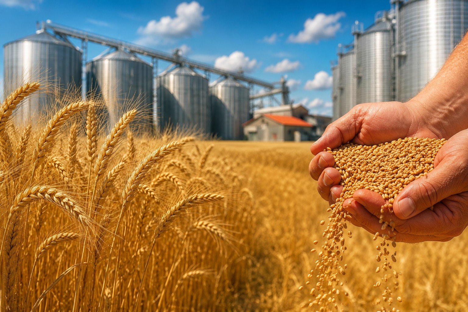 Hands holding grain in a wheat field beside storage silos