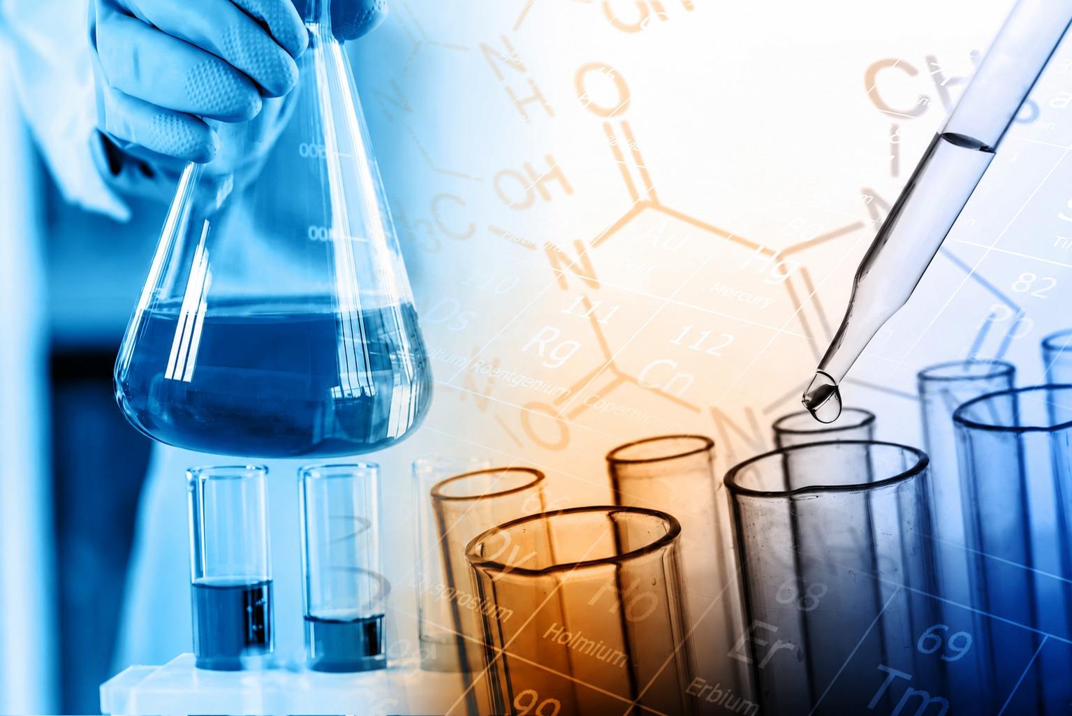Chemistry laboratory glassware and molecular formulas